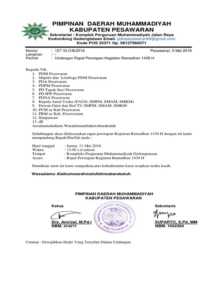Undangan Rapat Ramadhan 1439 H