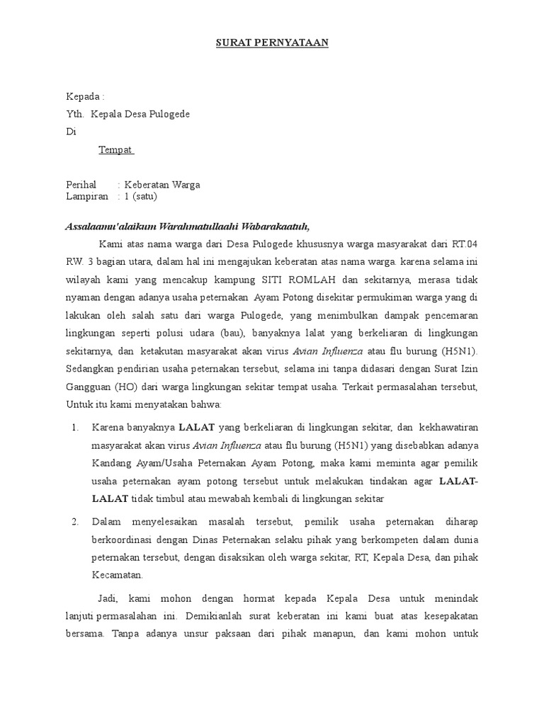 Surat Pernyataan Keberatan Desa