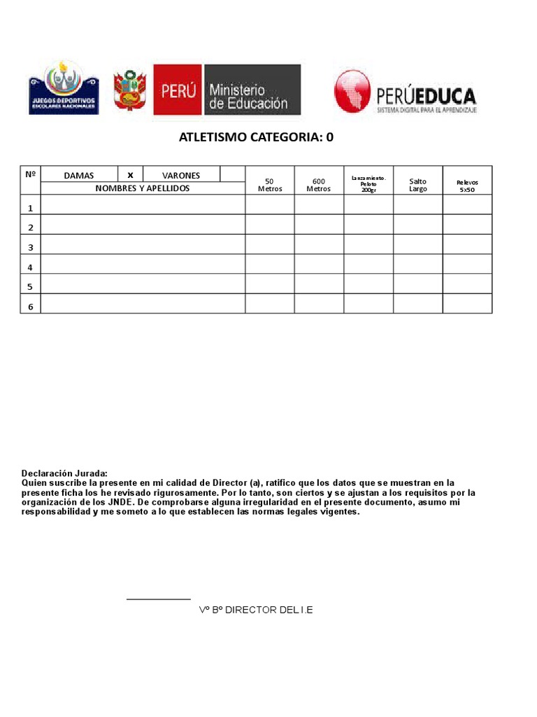 Ficha de inscripción de Atletismo juegos deportivos Escolares
