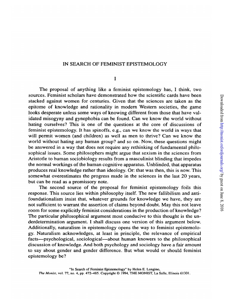 In Search of Feminist Epistemology | PDF | Epistemology | Hypothesis