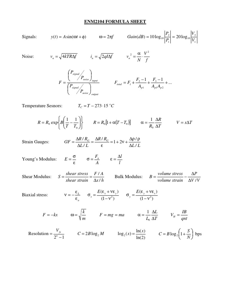 Engineering Formula Sheet | PDF