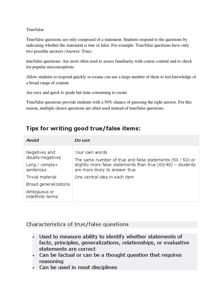 understanding true and false questions