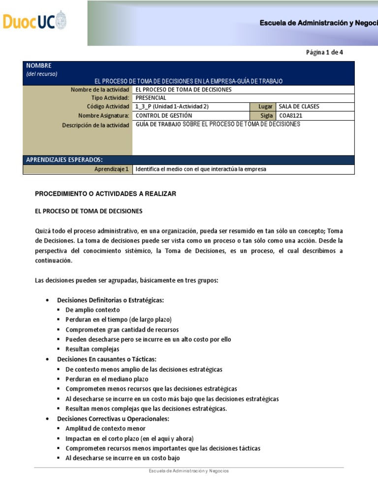 Ra1 3 P El Proceso de Toma de Decisiones en La Empresa Guia de Trabajo ...