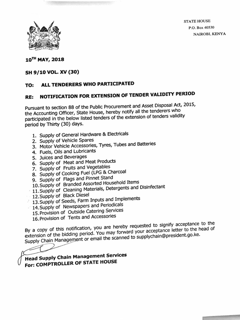NOTIFICATION FOR EXTENSION OF TENDER VALIDITY PERIOD