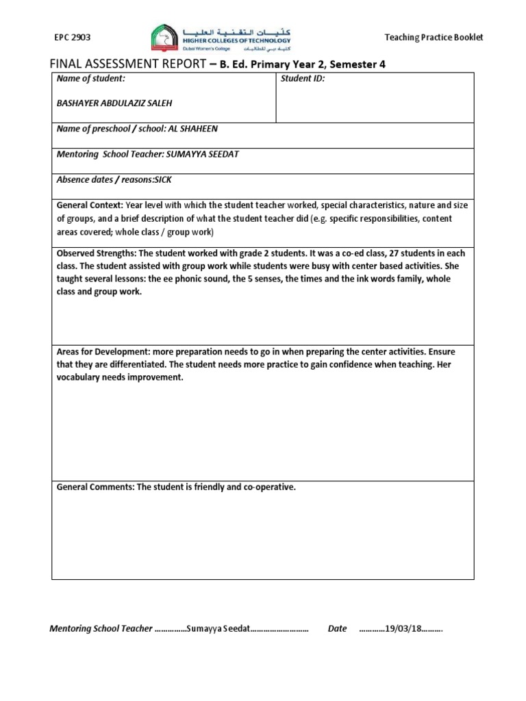Final Assessment Report B. Ed. Primary Year 2, Semester 4