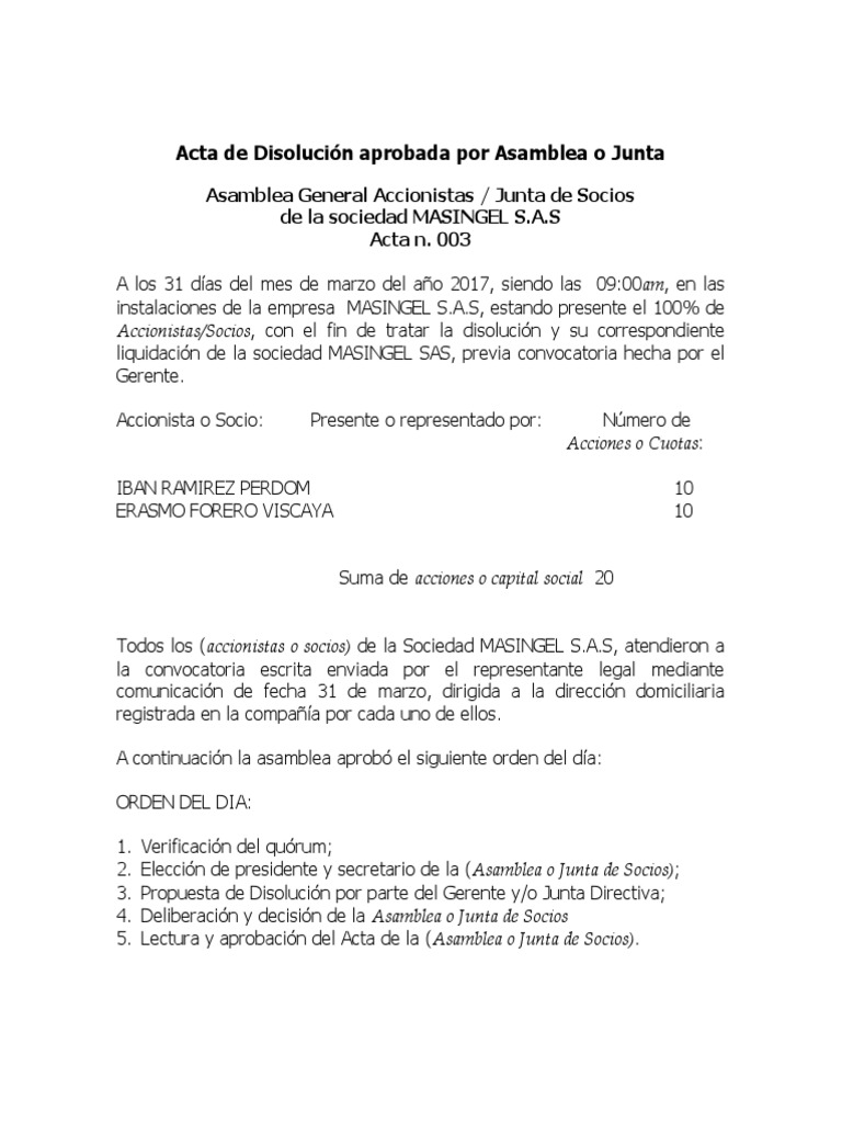 Modelo de acta de disolución sociedad limitada