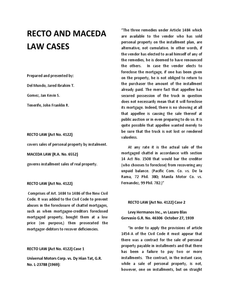 Recto and Maceda Law Overview | PDF | Foreclosure | Mortgage Law