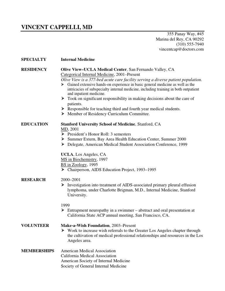 Sample CV Residents and Fellows PDF Internal Medicine Medical
