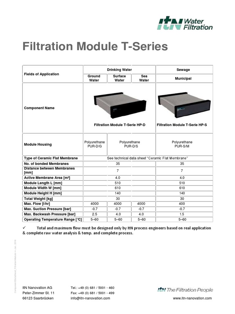 ProductDataSheet FiltrationModule 0 | PDF | Water | Chemical Engineering