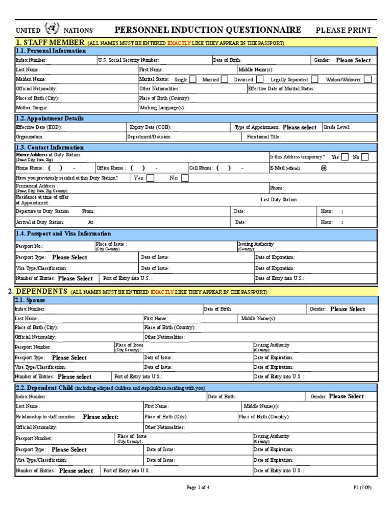 Personnel Induction Questionnaire: Please Print 1. Staff Member | PDF ...