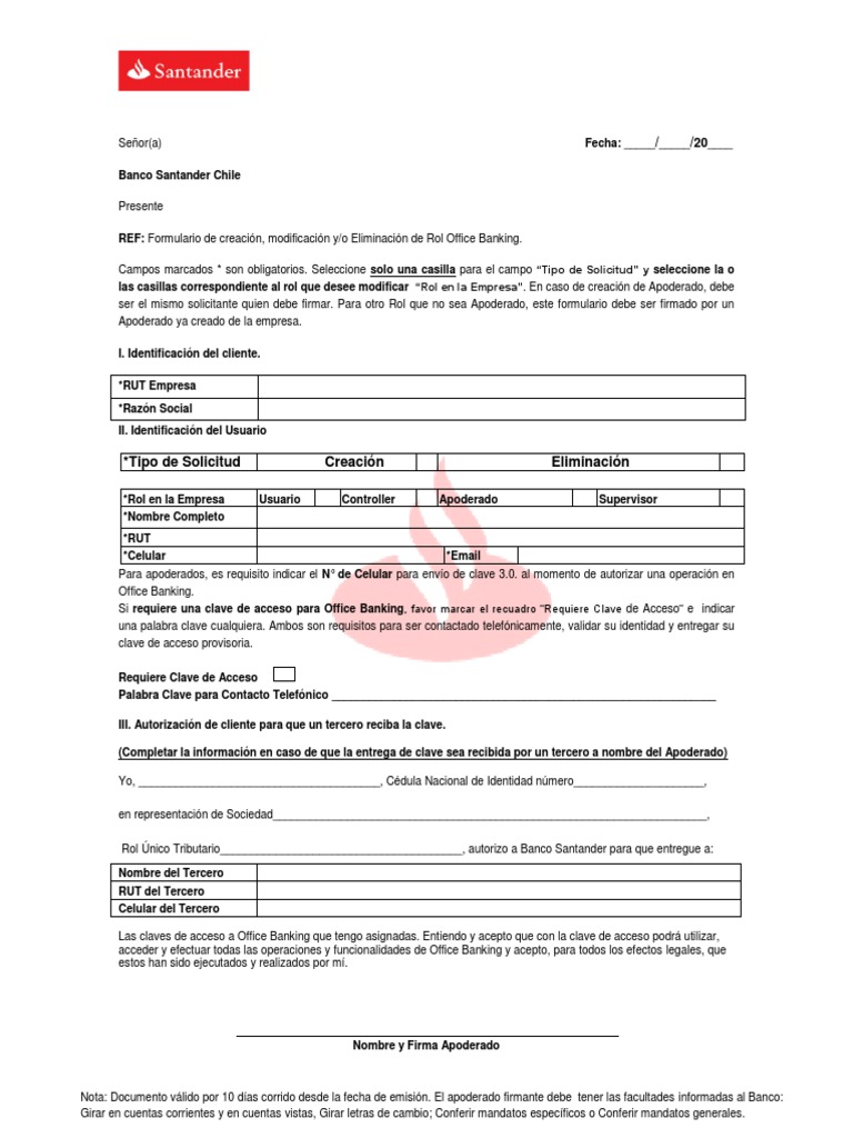 Formulario de Rol Office Banking Santander | PDF | Bancario | Informática