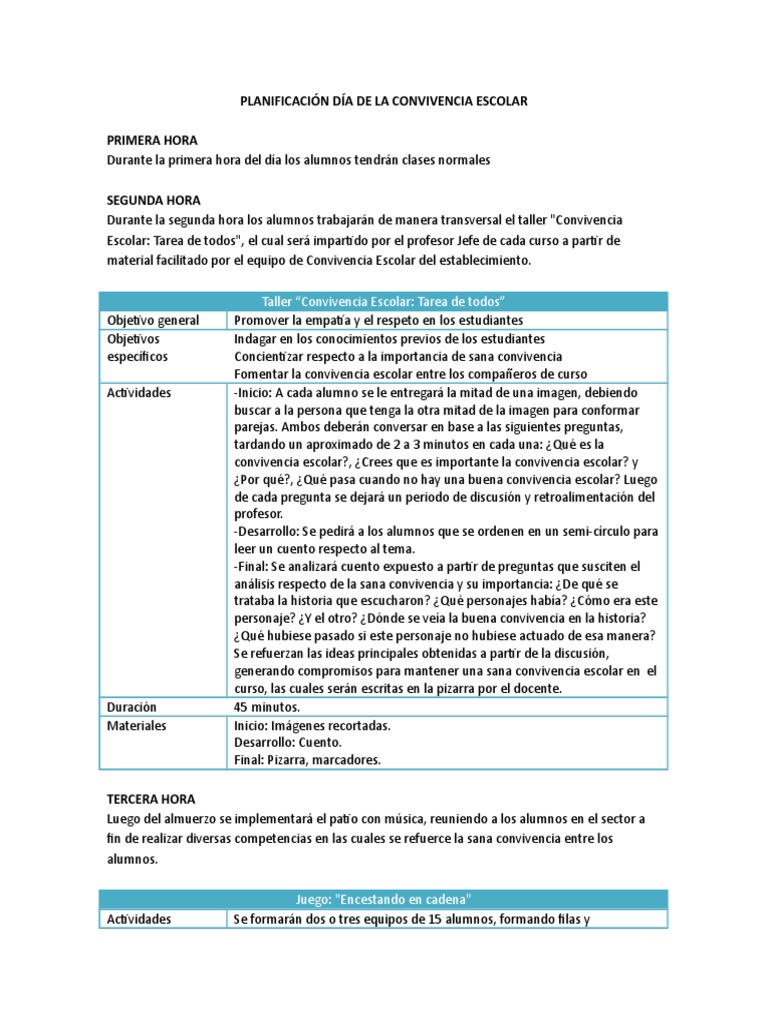 Planificación Día de La Convivencia Escolar | PDF | Escuelas ...