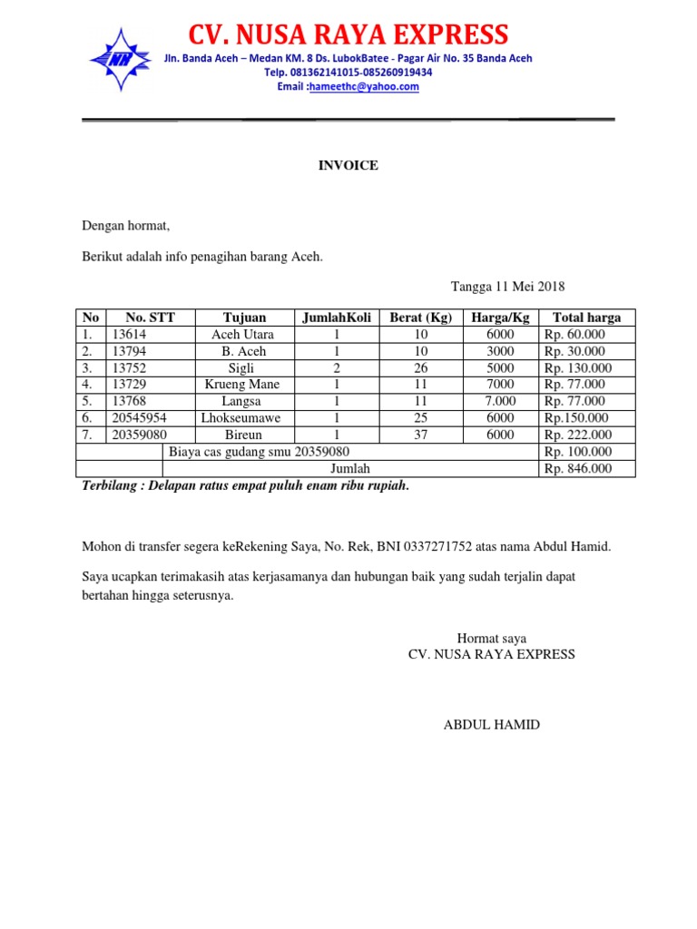 Invoice for Rp. 846,000 from Nusa Raya Express | PDF