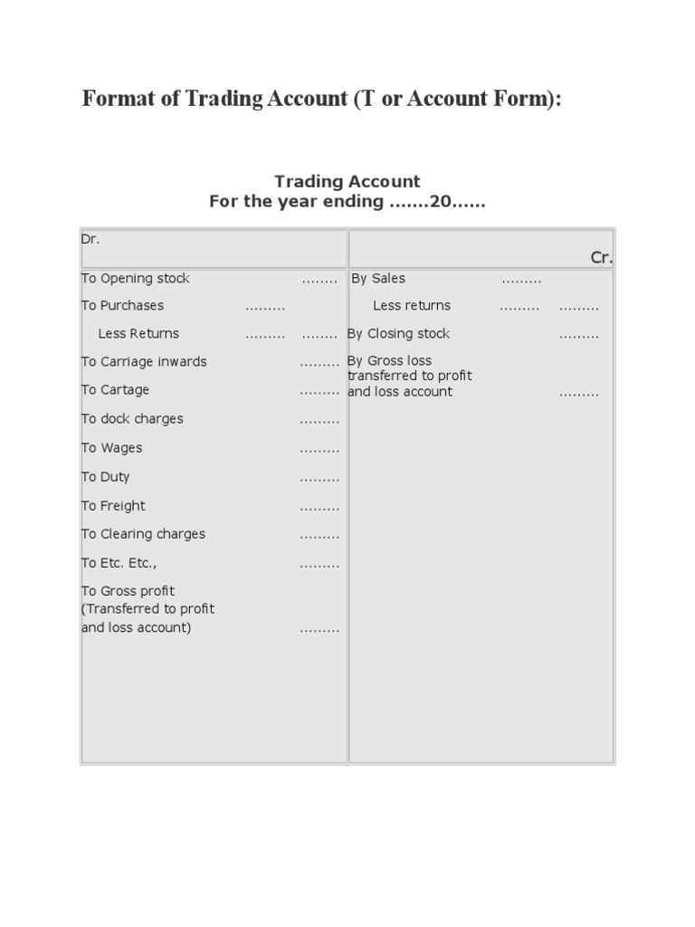 Format of Trading Account (T or Account Form) | Debits And Credits ...