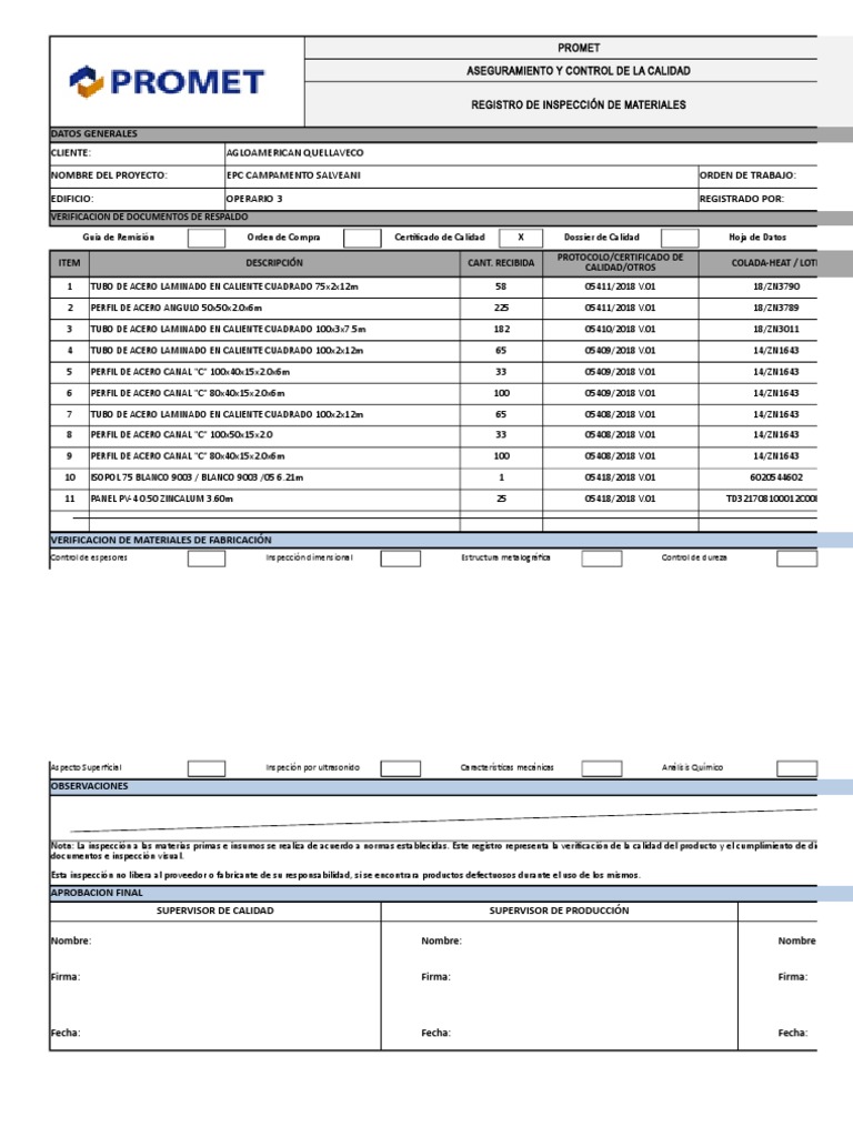 Registro de control dimensional | Acero estructural | Calidad (comercial)