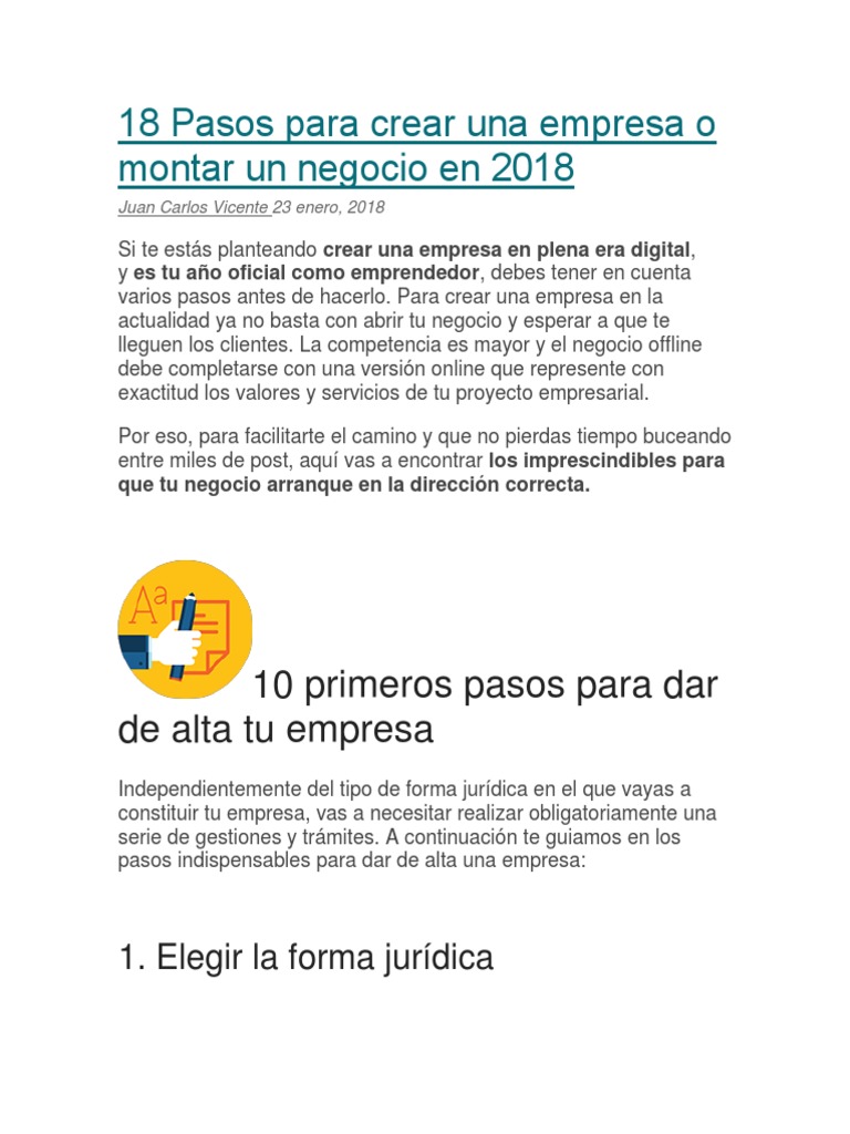 18 Pasos para Crear Una Empresa o Montar Un Negocio en 2018 | PDF ...