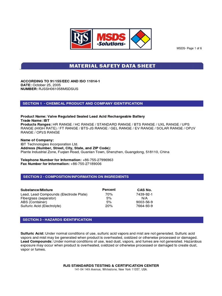 MSDS FOR VALVE REGULATED SEALED LEAD ACID RECHARGEABLE BATTERY