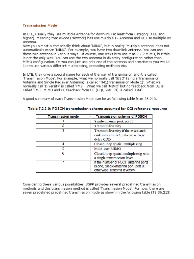 LTE Transmission Modes Explained | PDF | Mimo | Radio