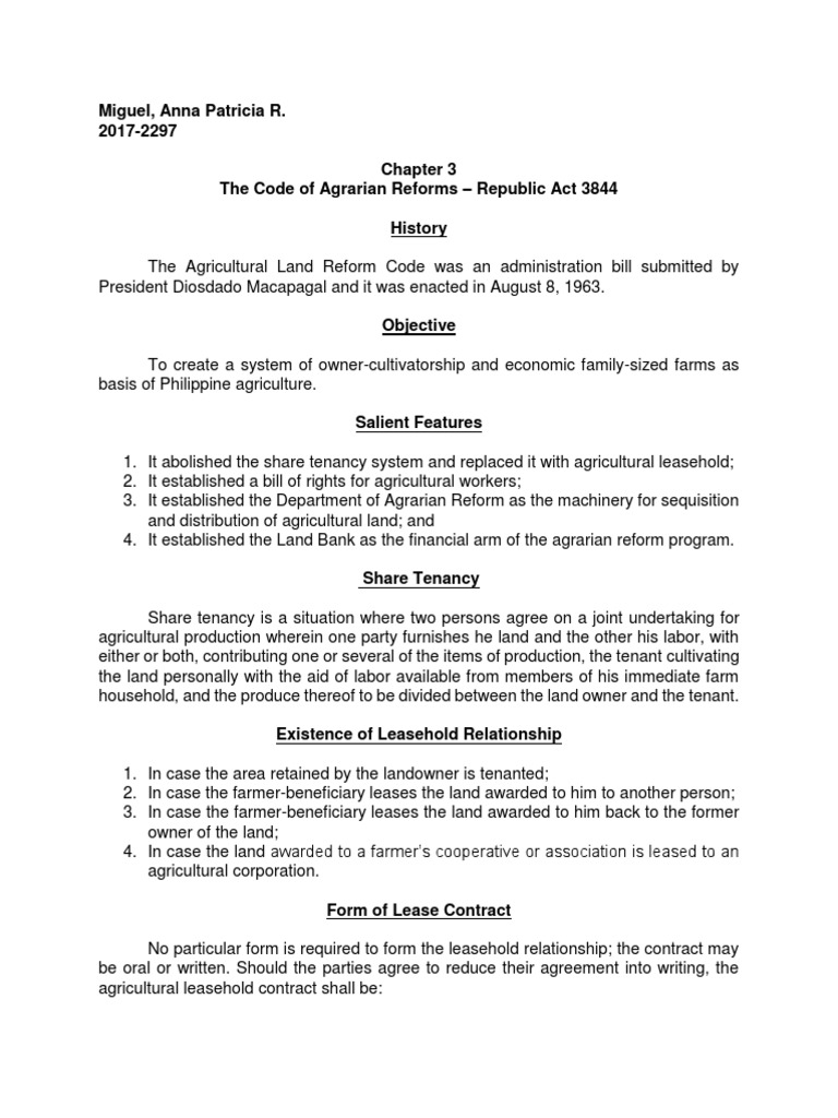 Miguel, Anna Patricia R. 2017-2297 The Code of Agrarian Reforms ...
