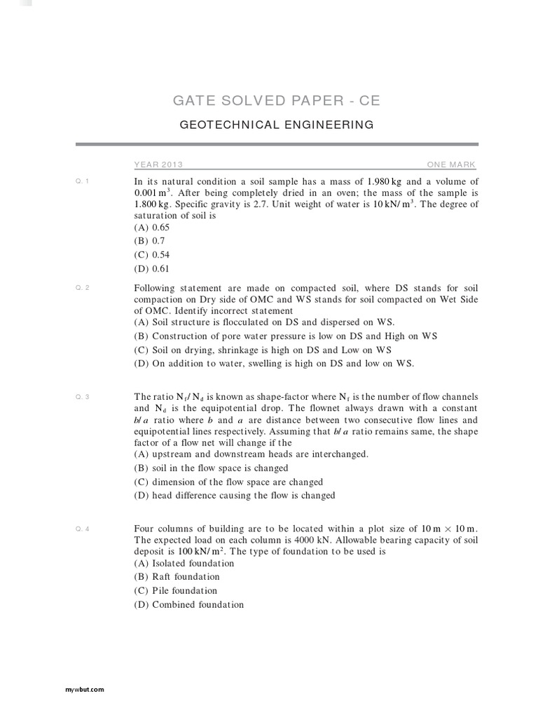 GATE 2013 Geotechnical Engineering Paper | PDF | Soil Mechanics ...