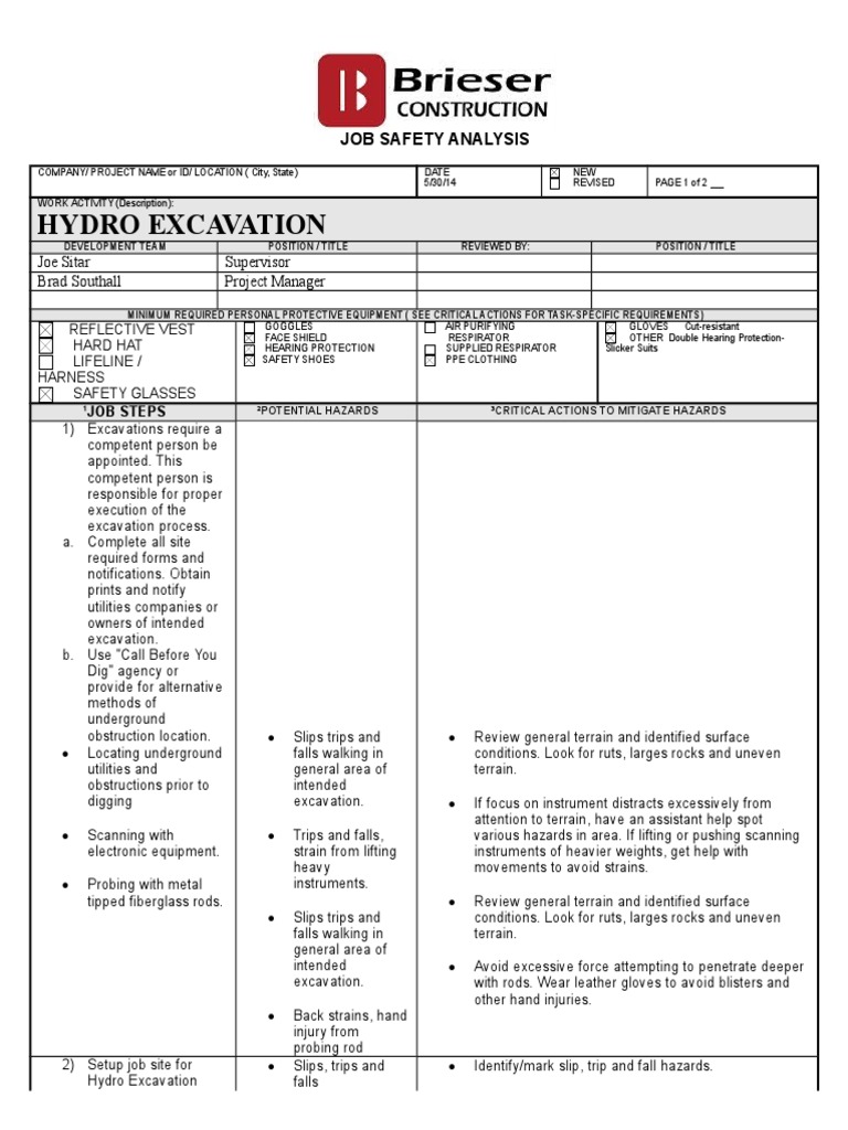 JSA Hydro Excavate PDF Personal Protective Equipment Safety