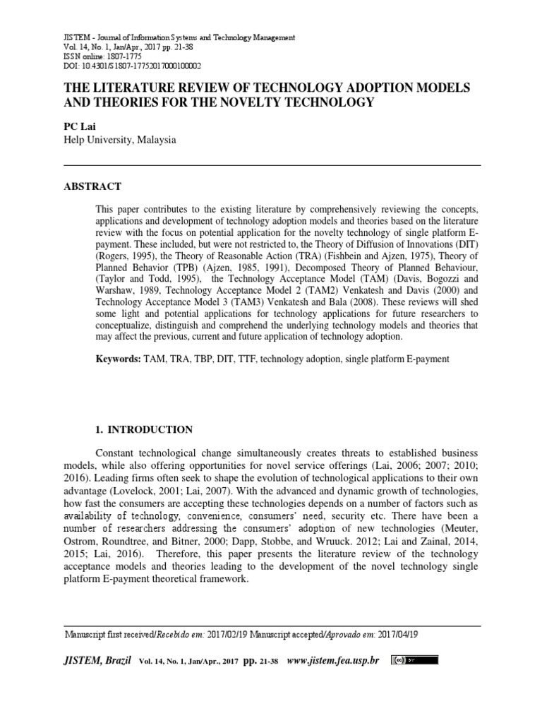 Literature Review of Technology Adoption Models and Theories For The