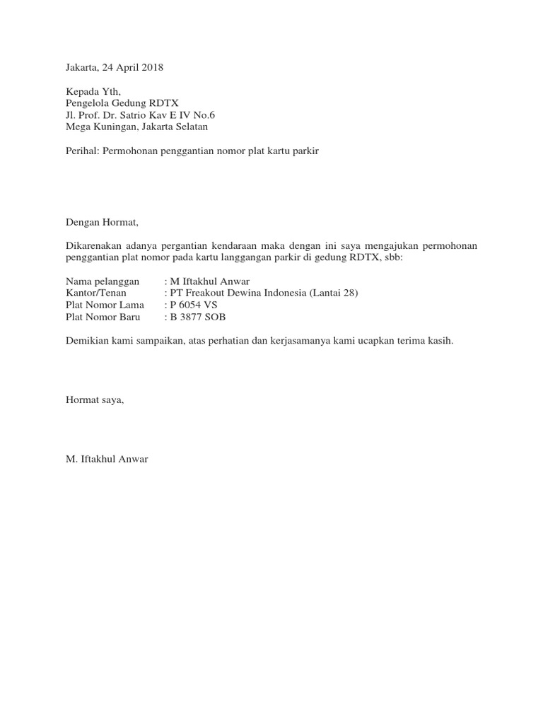 Surat Permohonan Penggantian Kartu Parkir