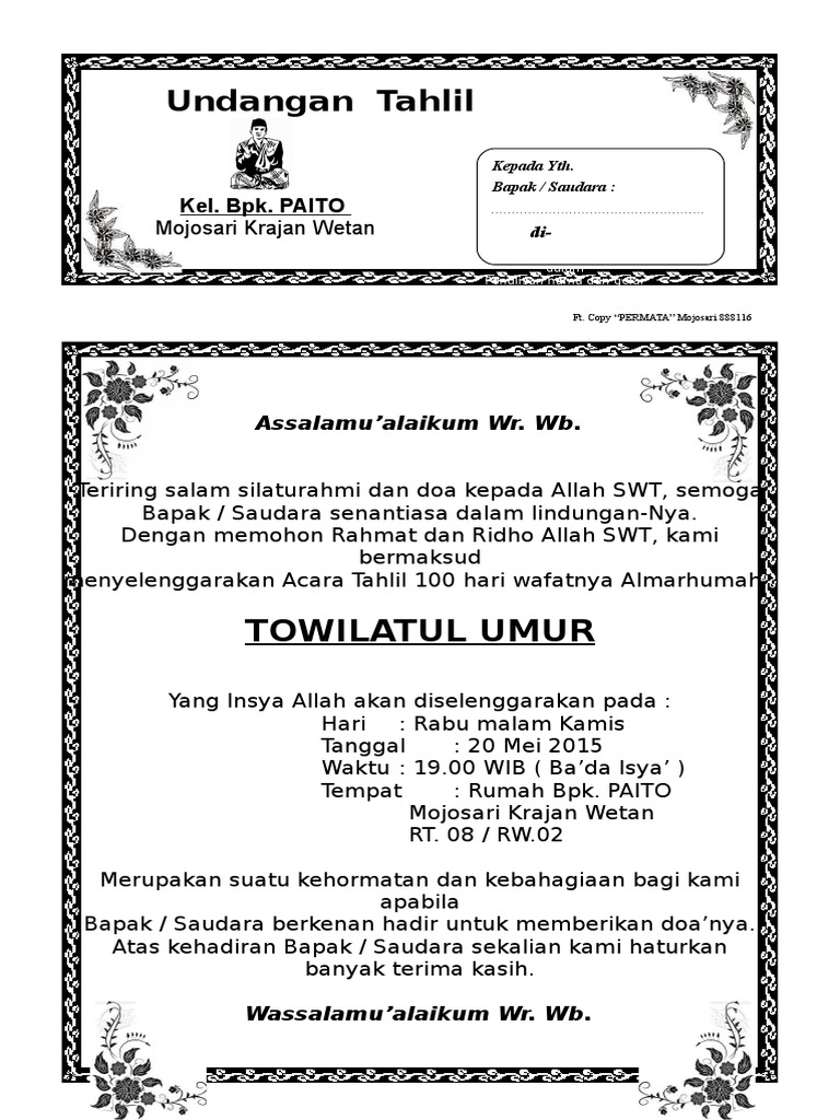 Contoh Surat Undangan Tahlil 40, 100, 1000 Hari (Haul) | PDF