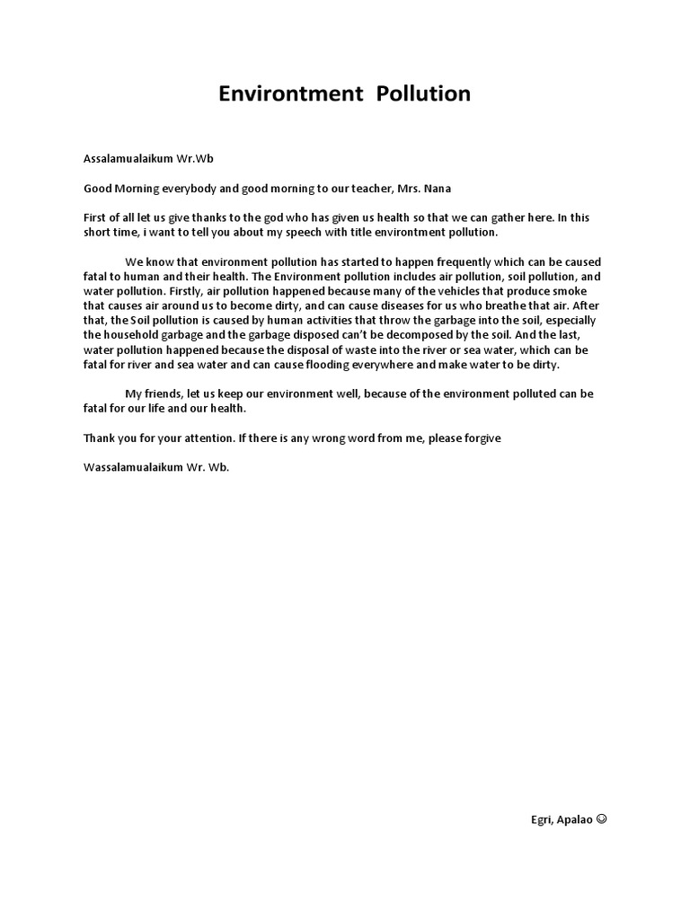 Speech on Environmental Pollution | PDF