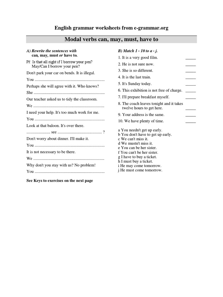 English Grammar Worksheets Modal Verbs Can May Must Have To