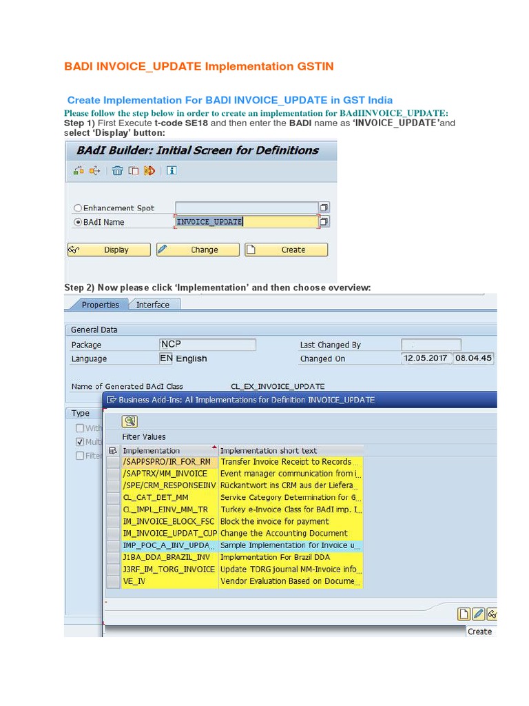 BADI Invoice Update Implementation Guide | PDF