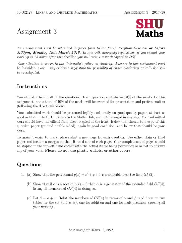 Assignment 3: Linear Math Solutions | PDF | Forward Error Correction ...