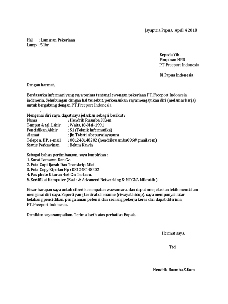 Surat Lamaran PT - Freeport Indonesia | PDF