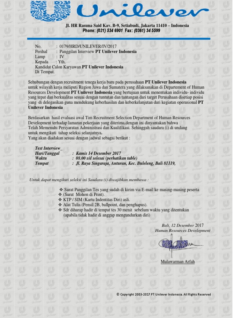 Surat Panggilan Daftar Peserta Interview Kandidat Pt Unilever Indonesia 2017
