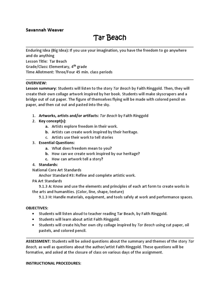 Tar Beach Art Lesson PDF Behavior Modification Change