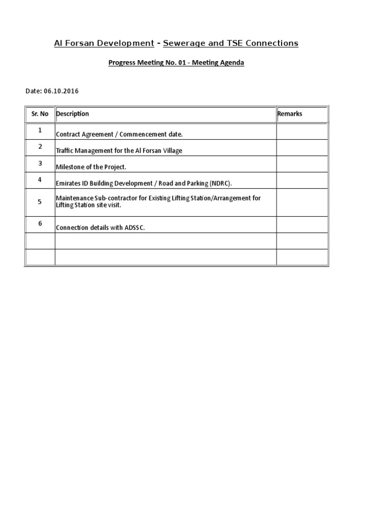 Progress Meeting No. 01 - Meeting Agenda Al Forsan Development ...