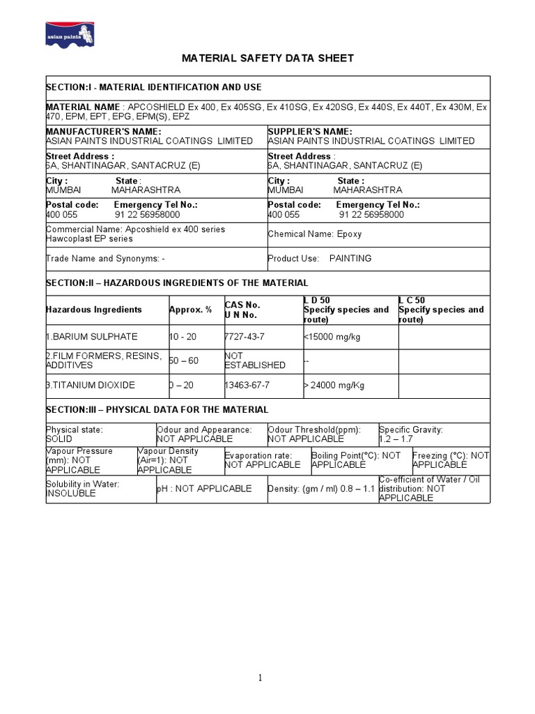 Msds Epoxy Paint PDF PDF Explosive Material Combustion