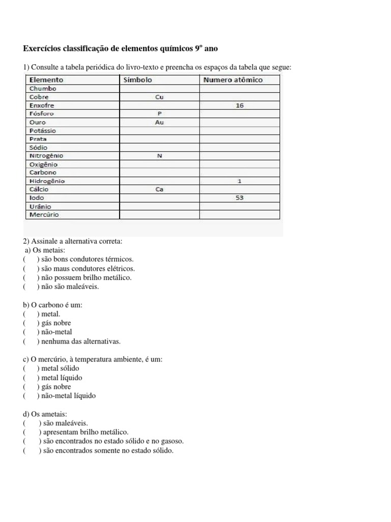 9 Ano Atomos e Moleculas Exercícios Classificação de Elementos Químicos ...