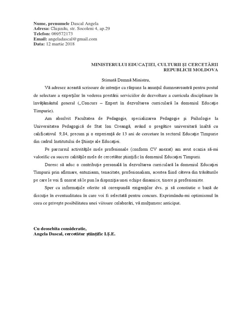Scrisoare De Intentie Dascal Angela