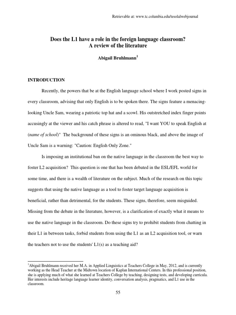 Does The L1 Have A Role in The Foreign Language Classroom | PDF ...