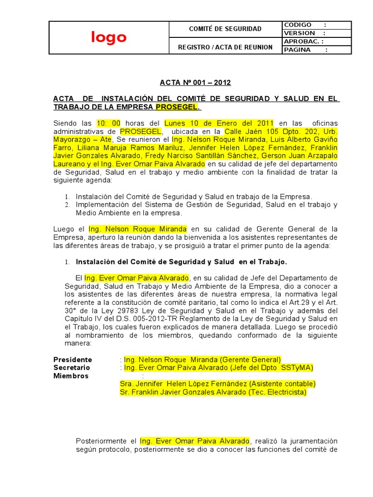 Acta de Formacion de Comite de Seguridad y Salud en El Trabajo | PDF ...