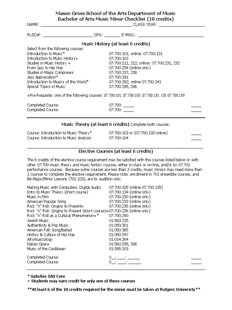 BA Music Minor Checklist - 11-7 PDF | PDF | Performing Arts | Entertainment