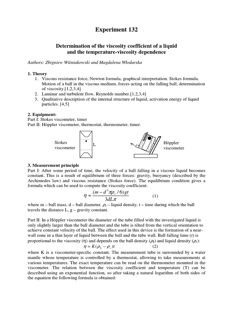 Experiment 132 Determination of The Viscosity Coefficient of A Liquid