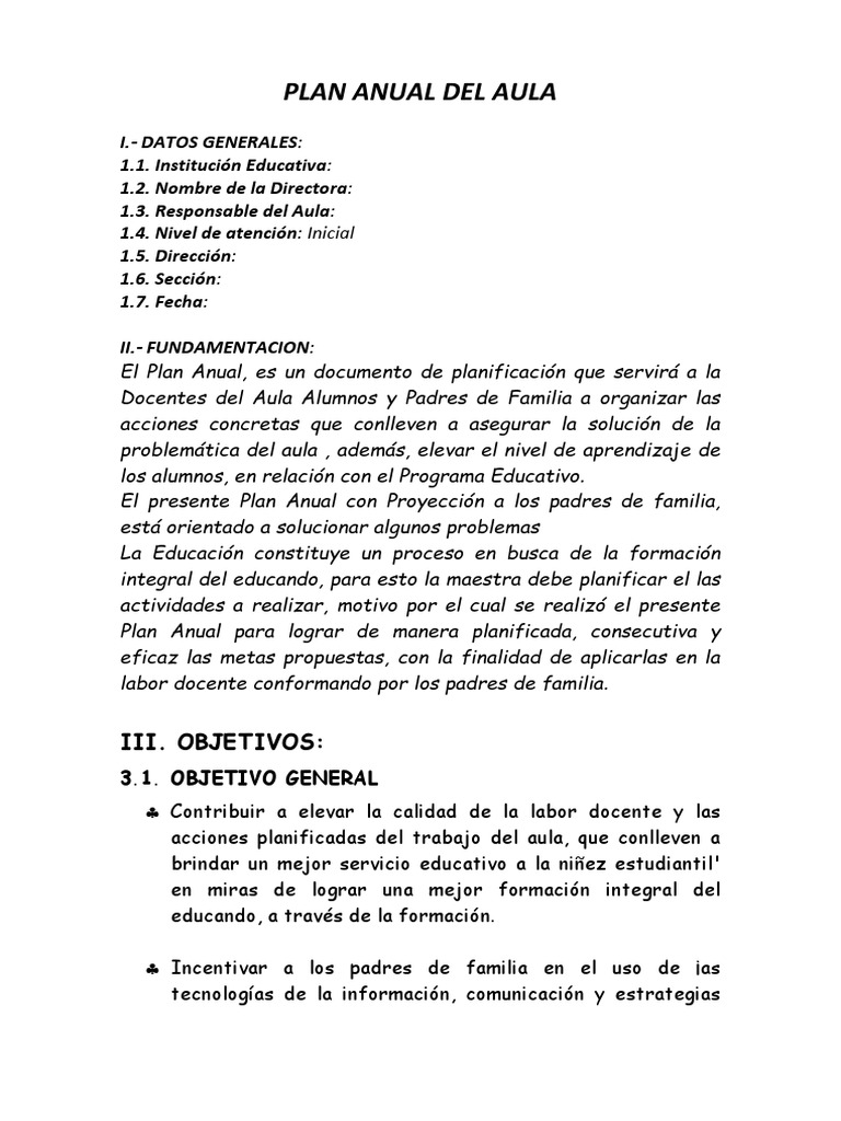 Plan Anual Del Aula | PDF | Maestros | Salón de clases