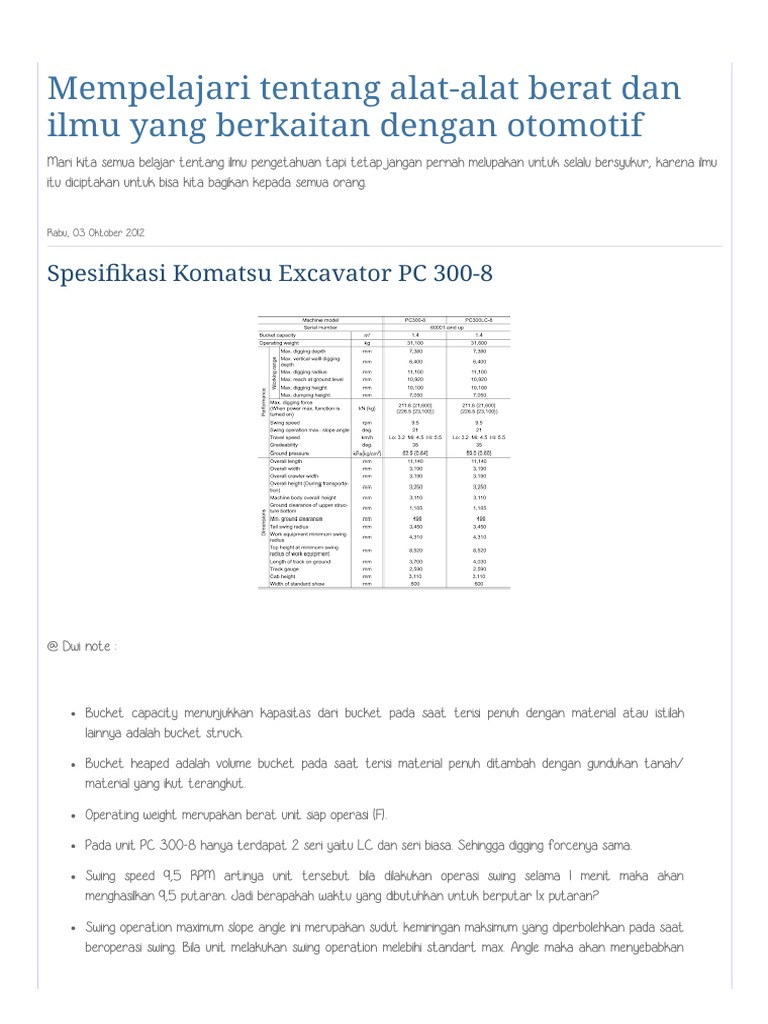 Aspesifikasi Technical Data Komatsu Excavator Pc 300 8