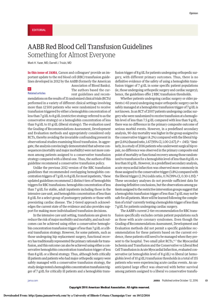 AABB Red Blood Cell Transfusion Guidelines Something For Almost Everyone PDF Blood