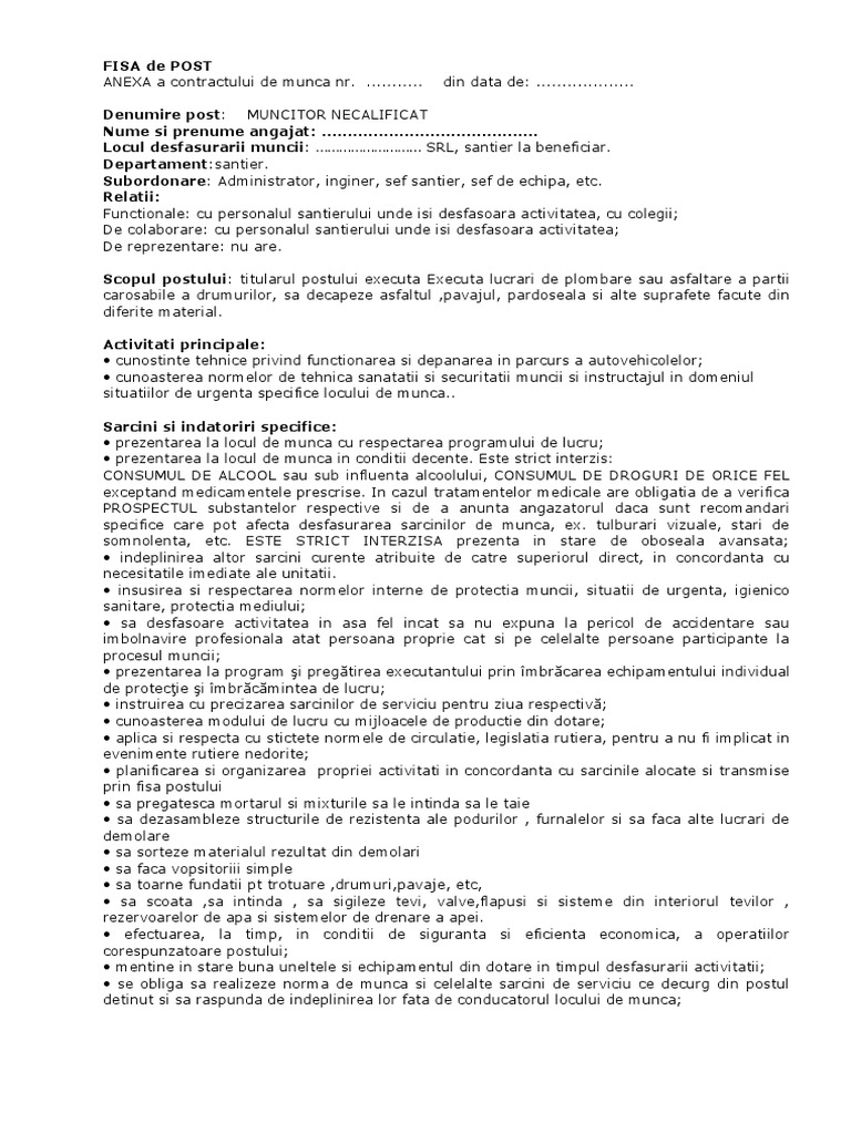 Muncitor Necalificat Constructii Fisa Post Muncitor Necalificat
