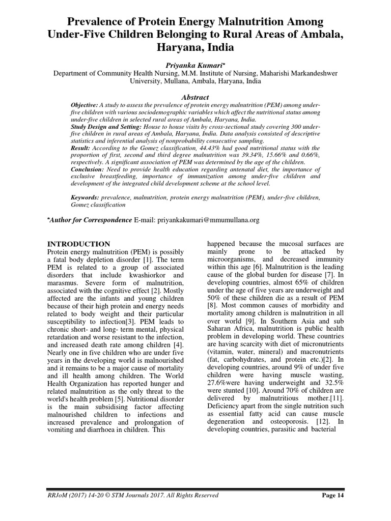 Prevalence of Protein Energy Malnutrition Among Under | PDF ...