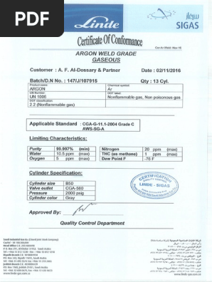 Certificate for Argon Cylinder