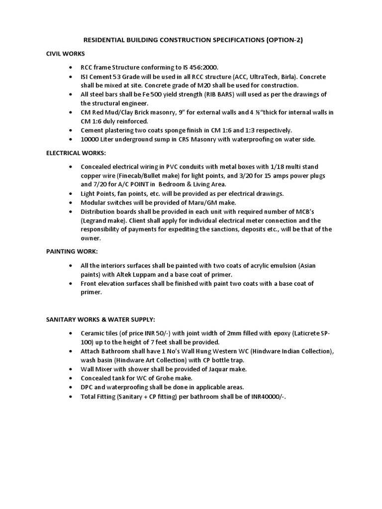 Residential Building Construction Specifications (Option-2) | PDF ...